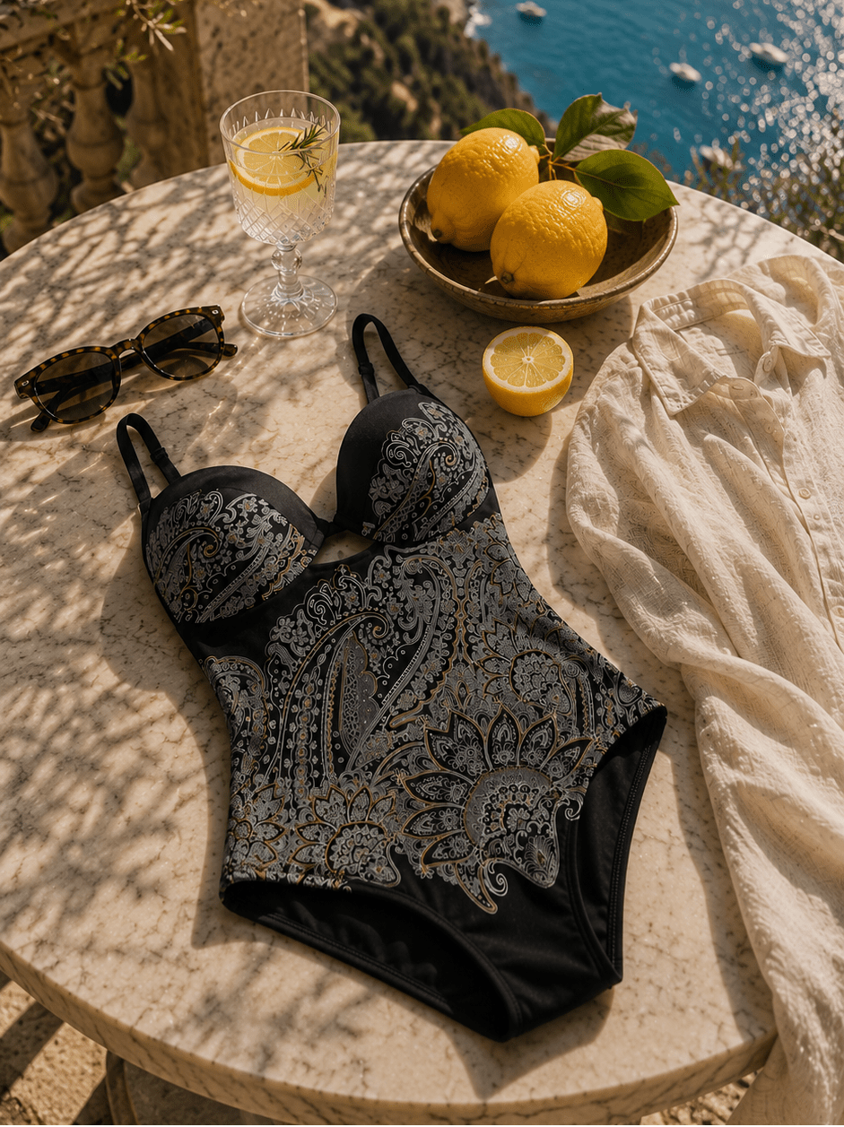 Badeanzug F28B/931 – Figurformender Push-up Badeanzug mit Paisley-Muster - Damen Badeanzug | ROMA MODA