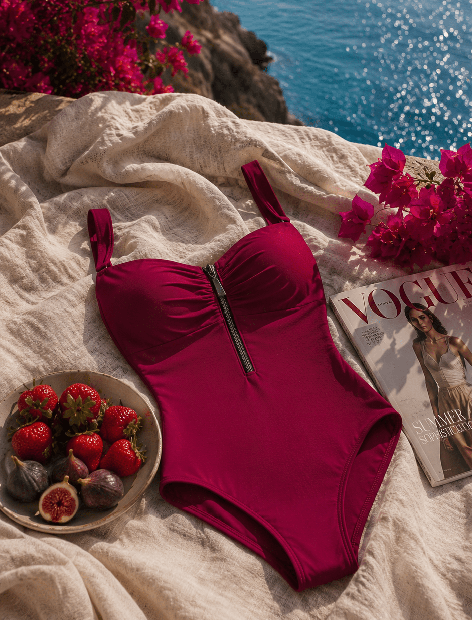 Bordeaux Badeanzug Damen – Figurformend mit Frontreißverschluss | Elegante Bademode - Damen Badeanzug | ROMA MODA